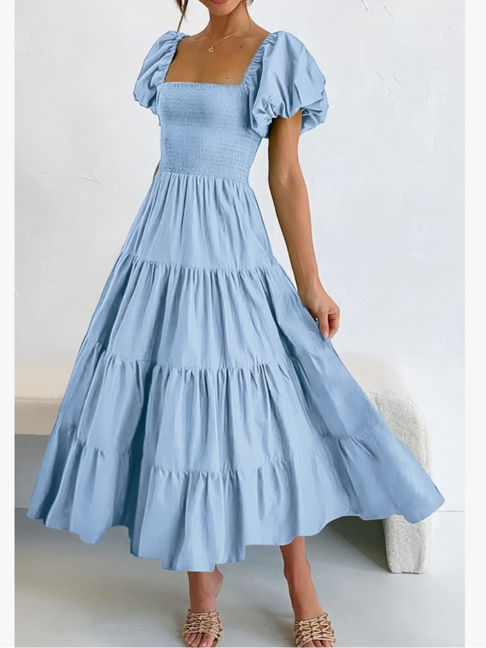 Light Blue Puff-Sleeve Tiered Maxi Dress